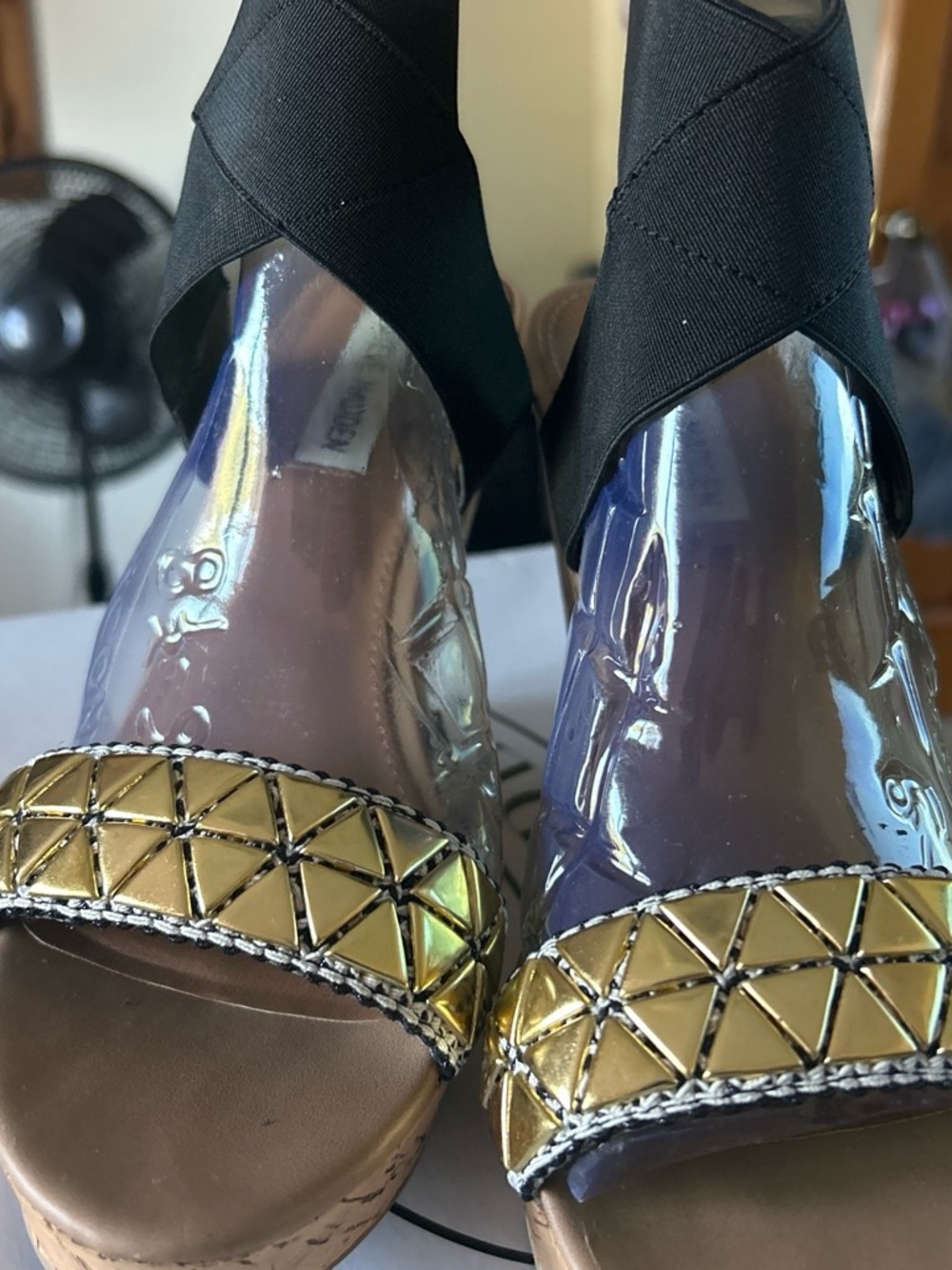 Steve Madden Black Ankle Wrap Wedges with Gold Geometric Strap